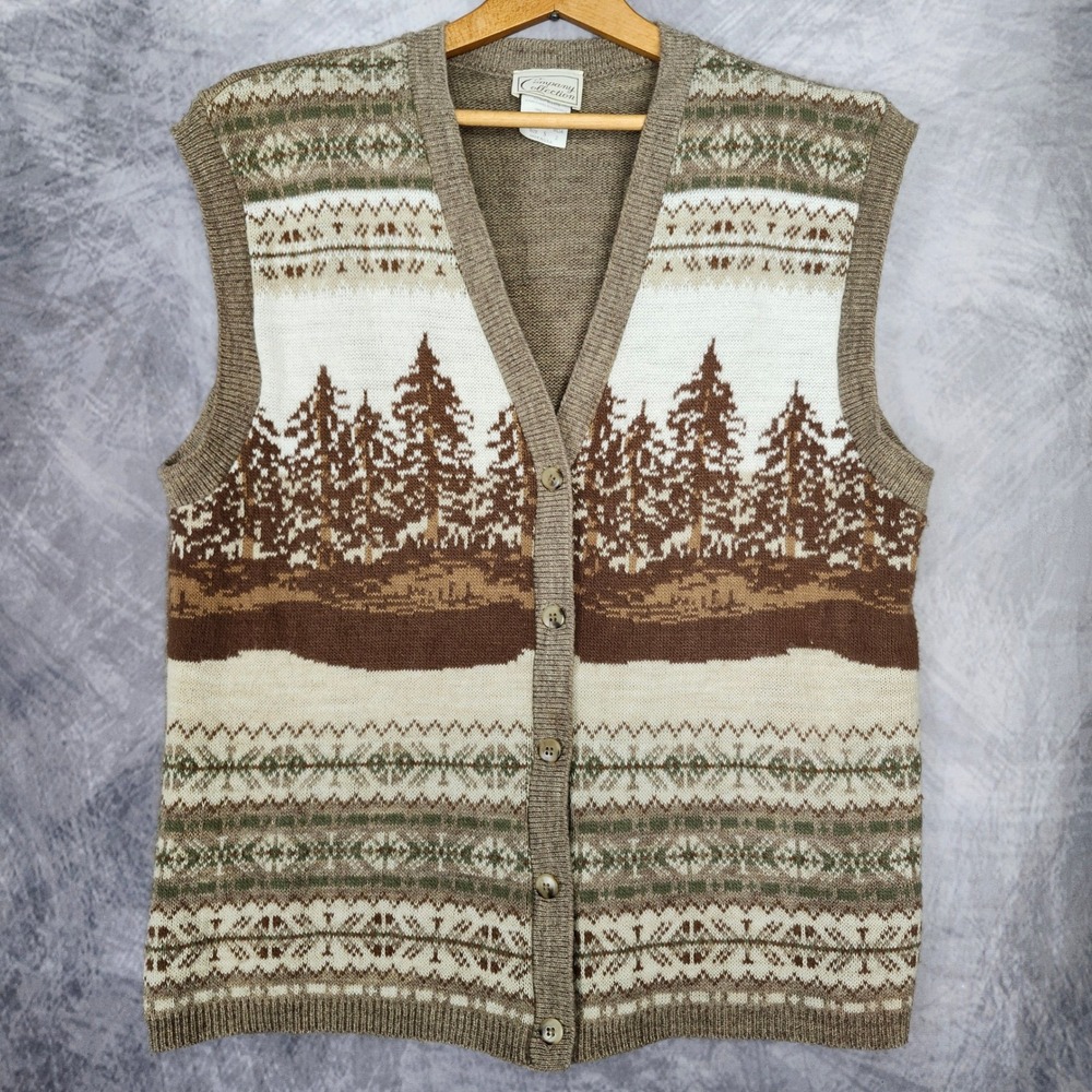 Vintage Forest Pine Trees Sweater Vest Earthy Fair Isle Cabincore Knit Small 90s